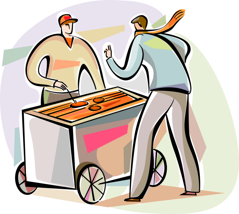 Vector Illustration of Street Vendor Sells Grilled Food from Food Cart in City to Customer