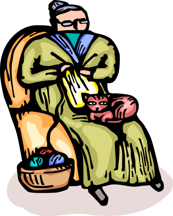 Vector Illustration of Retired Elderly Grandmother Knitting with Needles and Yarn with Kitten Cat on Lap