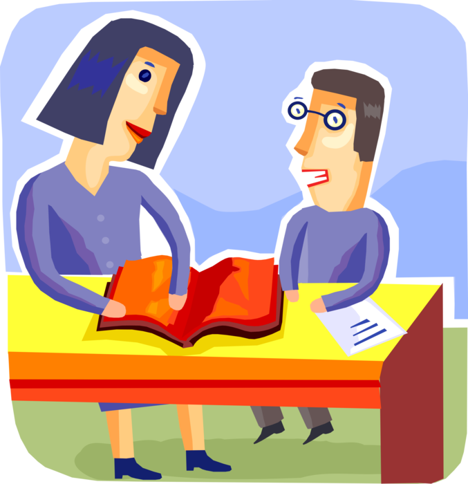 Vector Illustration of Teacher Reviews Student's Workbook Notes in School Classroom