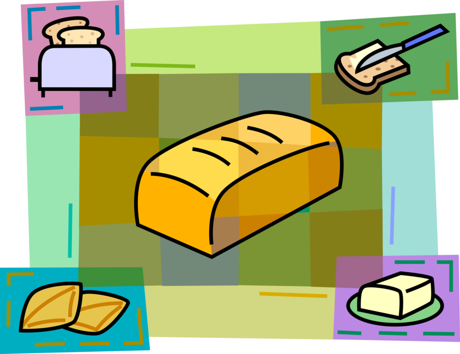 Vector Illustration of Fresh Baked Bread Loaf with Dairy Butter, Toaster and Spread