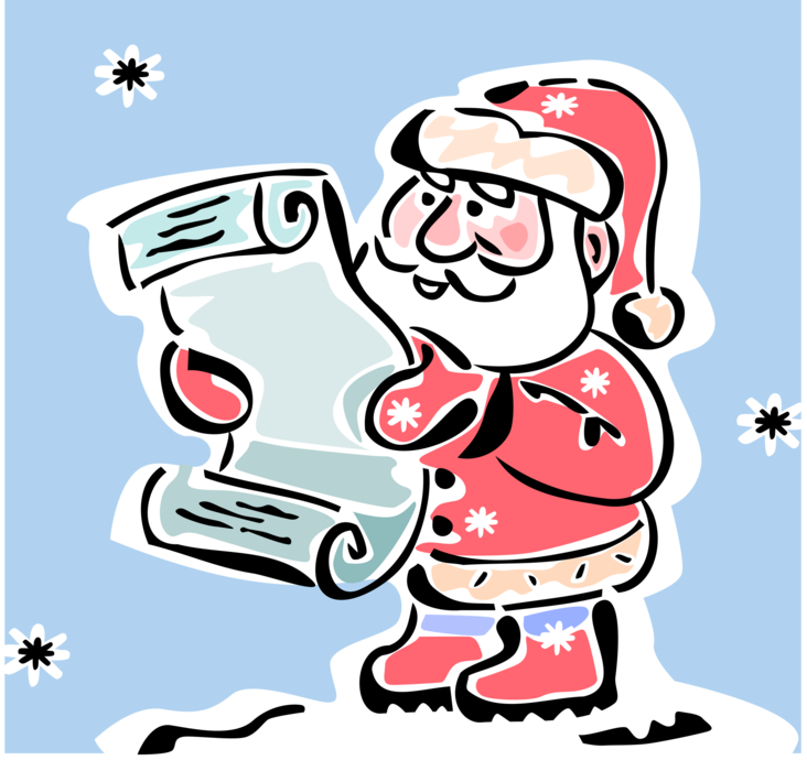 Vector Illustration of Santa Claus Reads Christmas List of Children's Wishes