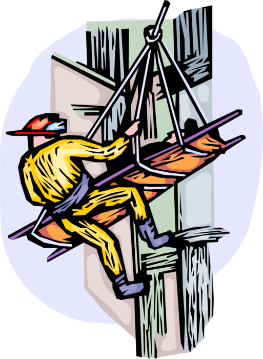 Vector Illustration of Fire and Rescue Firefighter Fireman Lowers Injured Victim on Stretcher with Ropes 