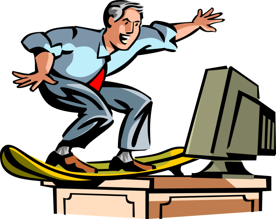 Vector Illustration of Internet Surfing Businessman Surfs on Desk with Surfboard