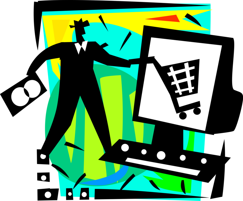 Vector Illustration of Ecommerce Online Internet Purchase Transactions with Shopping Cart and Credit Card