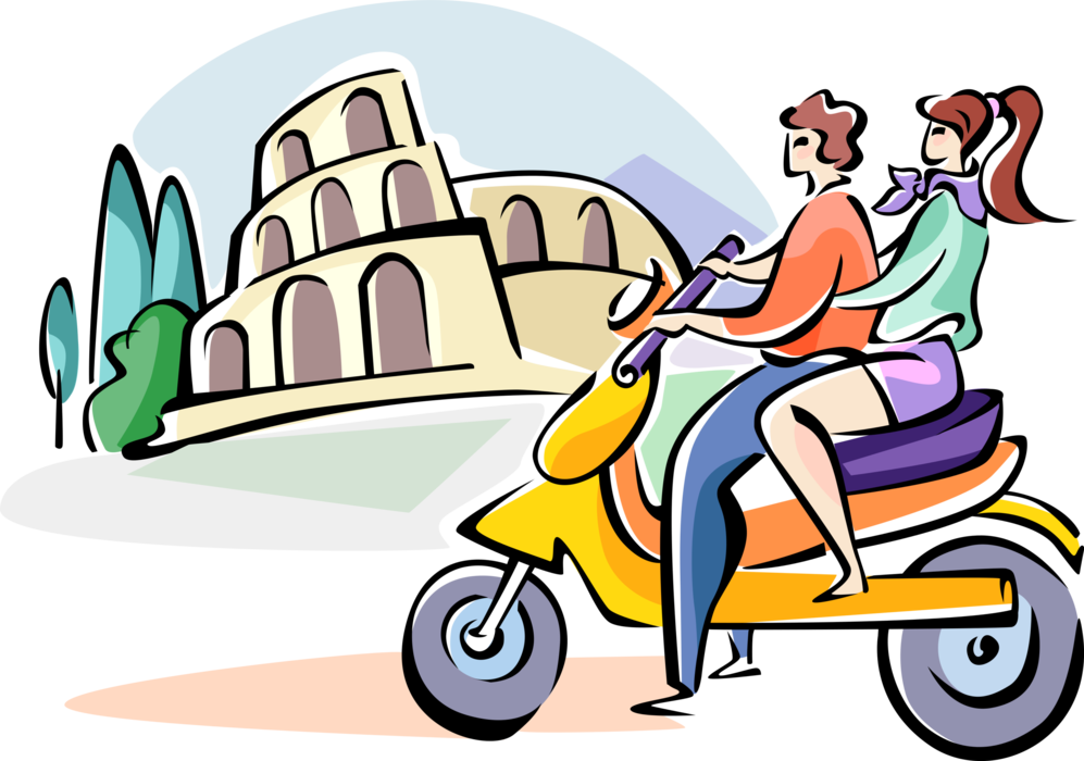 Vector Illustration of Couple Driving by Roman Coliseum on Scooter