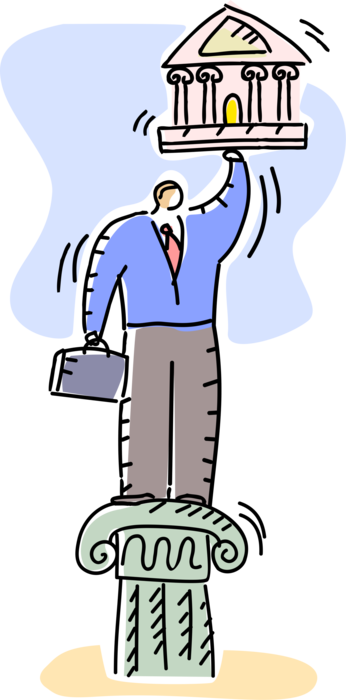 Vector Illustration of Resilient Businessman Demonstrates Financial Strength on Pedestal Column with Financial Institution Bank