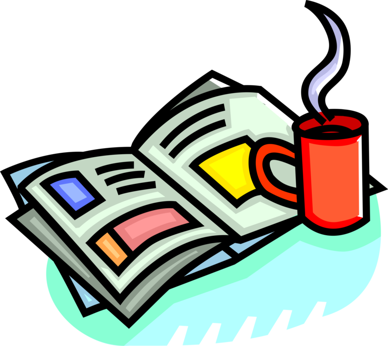 Vector Illustration of Cup of Coffee with Newspaper Serial Publication Containing News, Articles, and Advertising