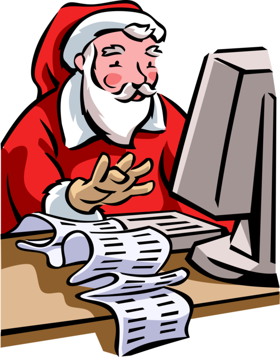 Vector Illustration of Santa Claus Updates Christmas Wish List Data Entries on Computer