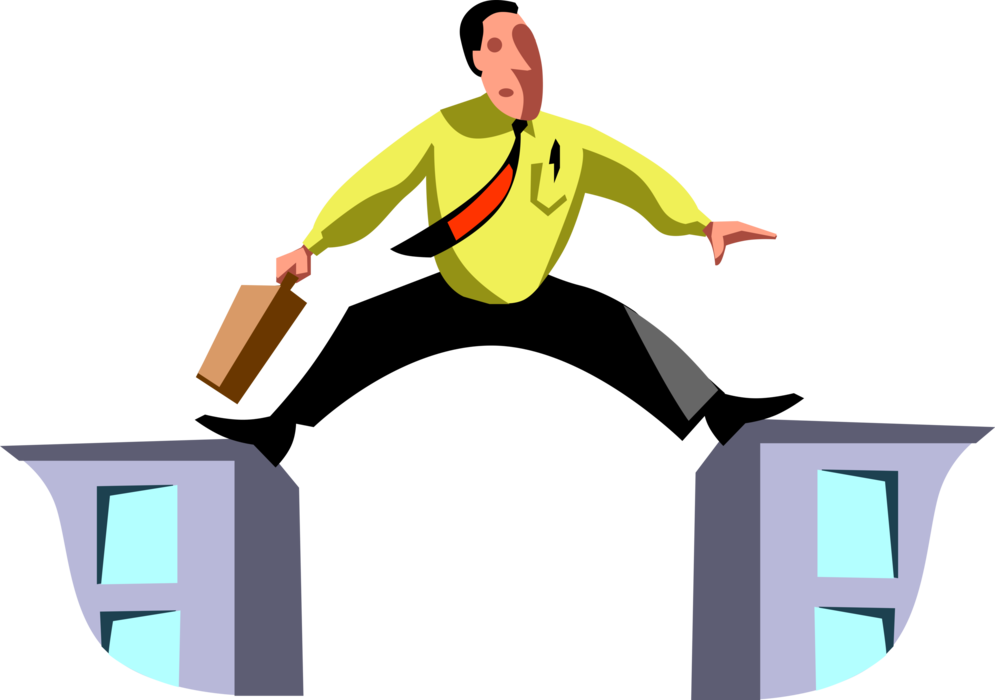 Vector Illustration of Businessman in Precarious Situation Balancing Between Two Buildings