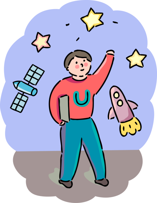 Vector Illustration of Astrophysics University Student with United States NASA Space Shuttle and Satellite