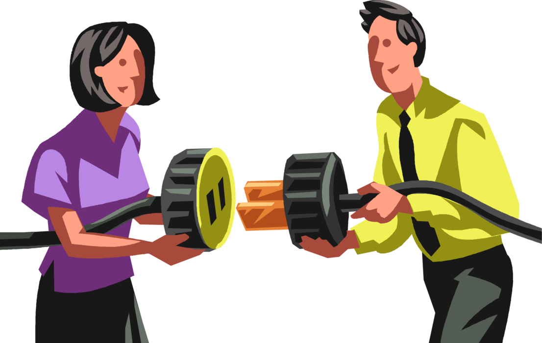 Vector Illustration of Business Colleagues Use Teamwork to Plug in Electrical Cord Connection