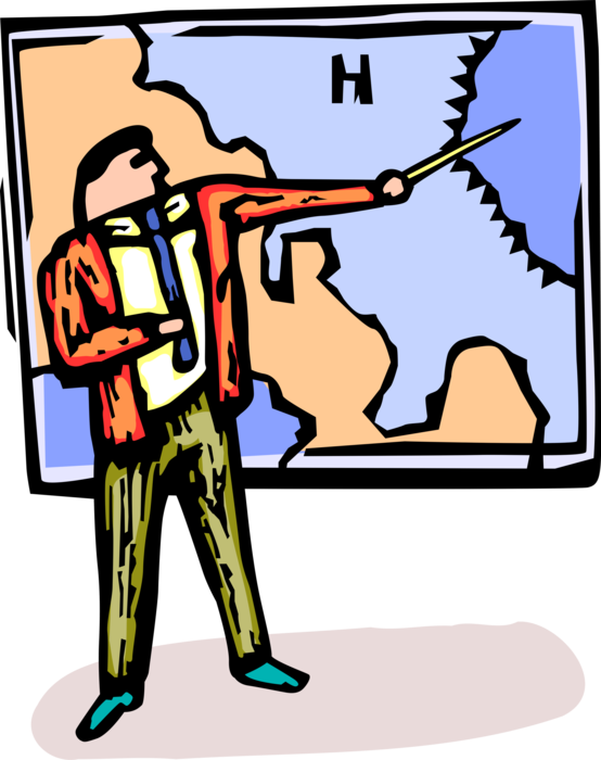 Vector Illustration of Television News Weatherman Points to Weather Map with Forecast