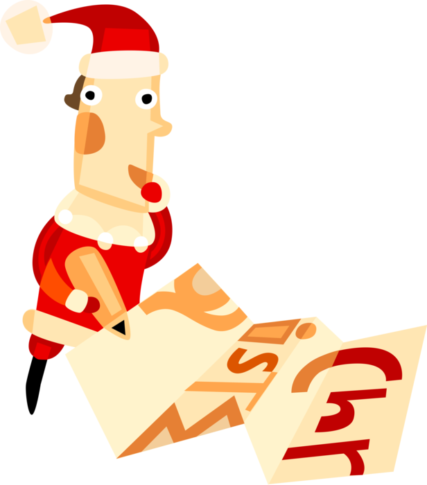 Vector Illustration of Santa Claus, Saint Nicholas, Saint Nick, Father Christmas, Checks Children's Wish List