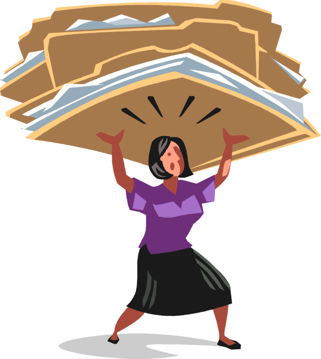 Vector Illustration of Overloaded Businesswoman Overwhelmed with Office Paperwork Folder Files