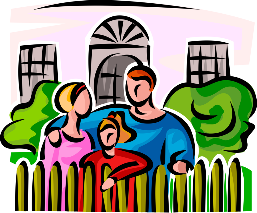 Vector Illustration of Family Stands Outside Family Residence House in Yard Behind Fence