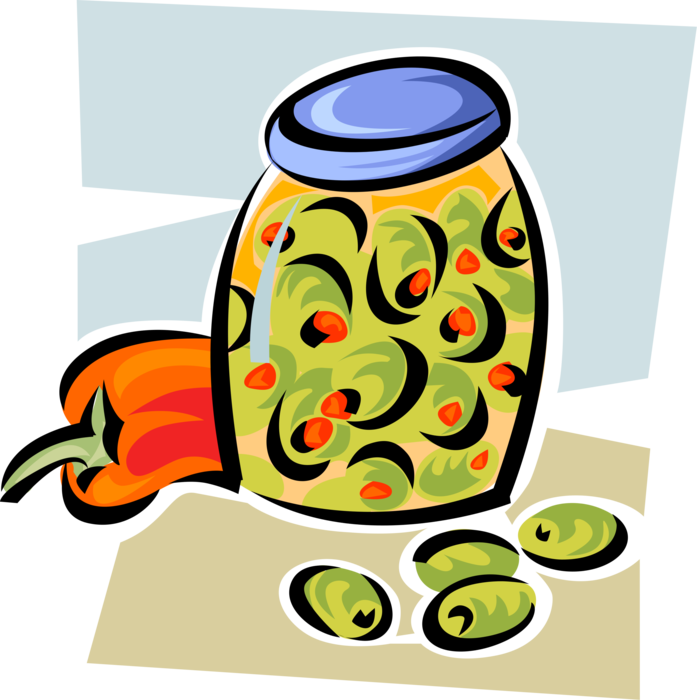 Vector Illustration of Jar of Olives with Pimentos and Sweet Red Pepper
