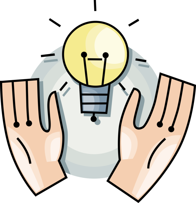 Vector Illustration of Hands Celebrate Electric Light Bulb Symbol of Invention, Innovation, and Good Ideas