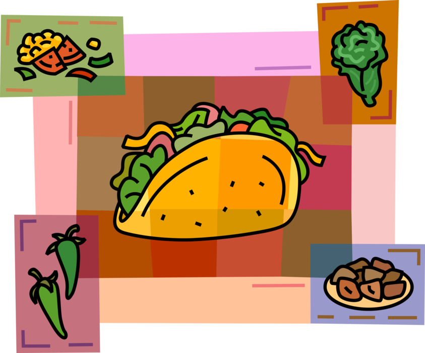 Vector Illustration of Mexican Cuisine Taco Corn or Wheat Tortilla with Peppers, Lettuce and Cheese