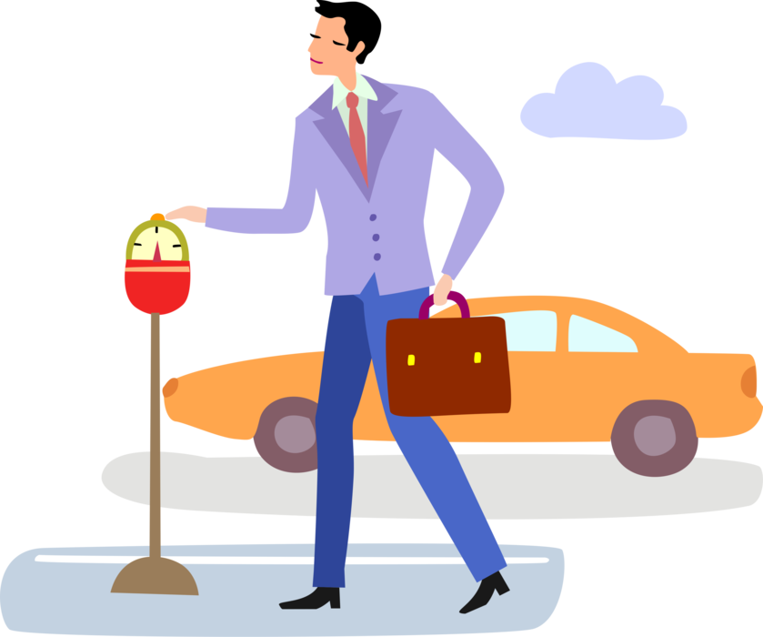 Vector Illustration of Businessman Puts Coins in Parking Meter in Exchange for Right to Park