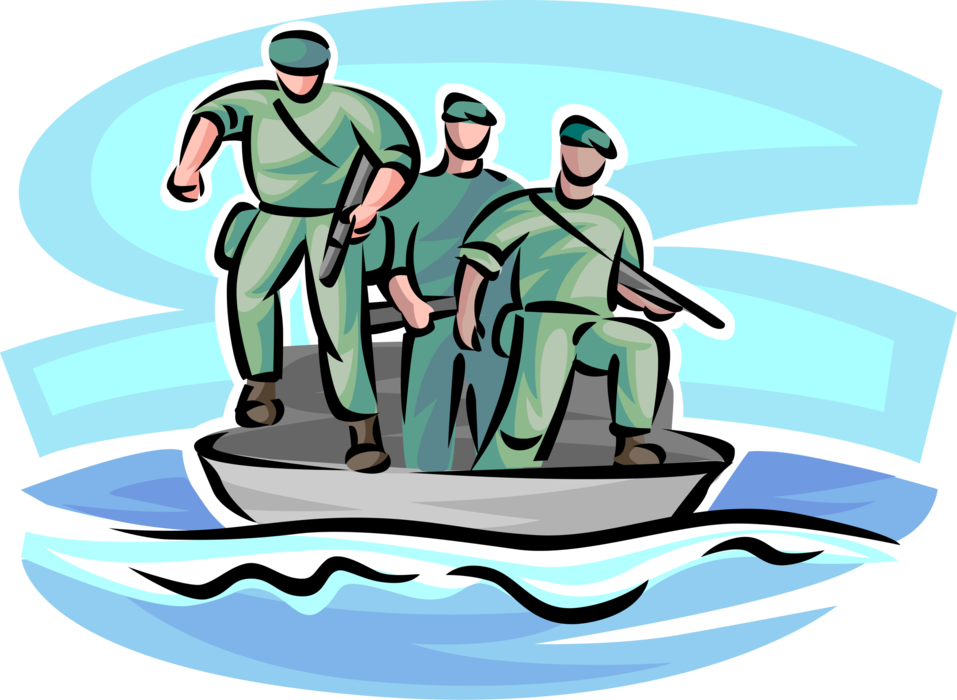 Vector Illustration of Heavily Armed United States Navy Seals Land Boat on Shore During Military Operations