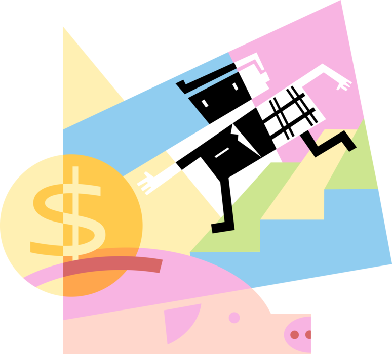 Vector Illustration of Businessman Invests Earnings and Income Cash Money in Finance Savings Piggy Bank
