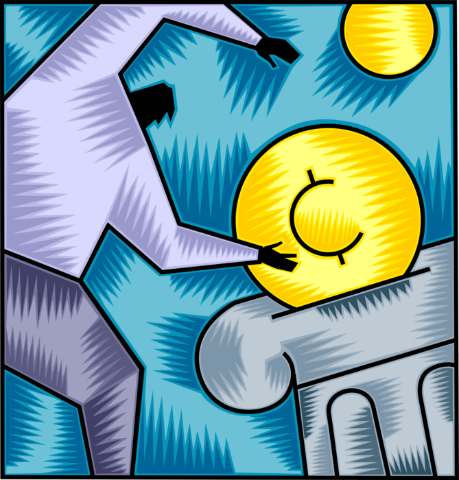 Vector Illustration of Businessman Invests Financial Cash Currency Money Coin in Financial Banking Institution Column