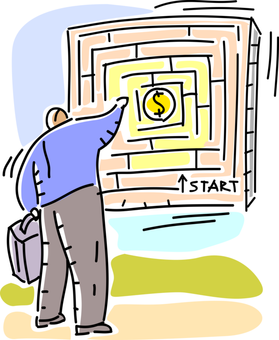 Vector Illustration of Businessman Plots Course to Financial Success Through Maze Labyrinth with Walls and Passageways