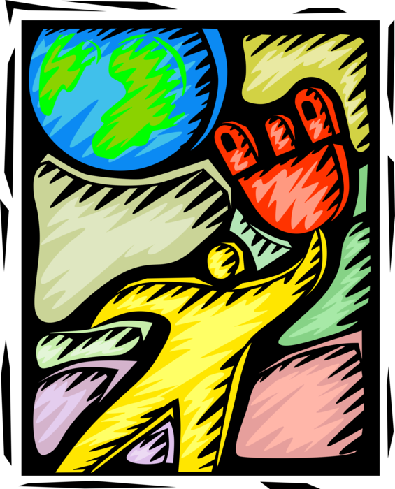 Vector Illustration of Human Figure Plugs into Planet Earth and Enters Electronic Information Age