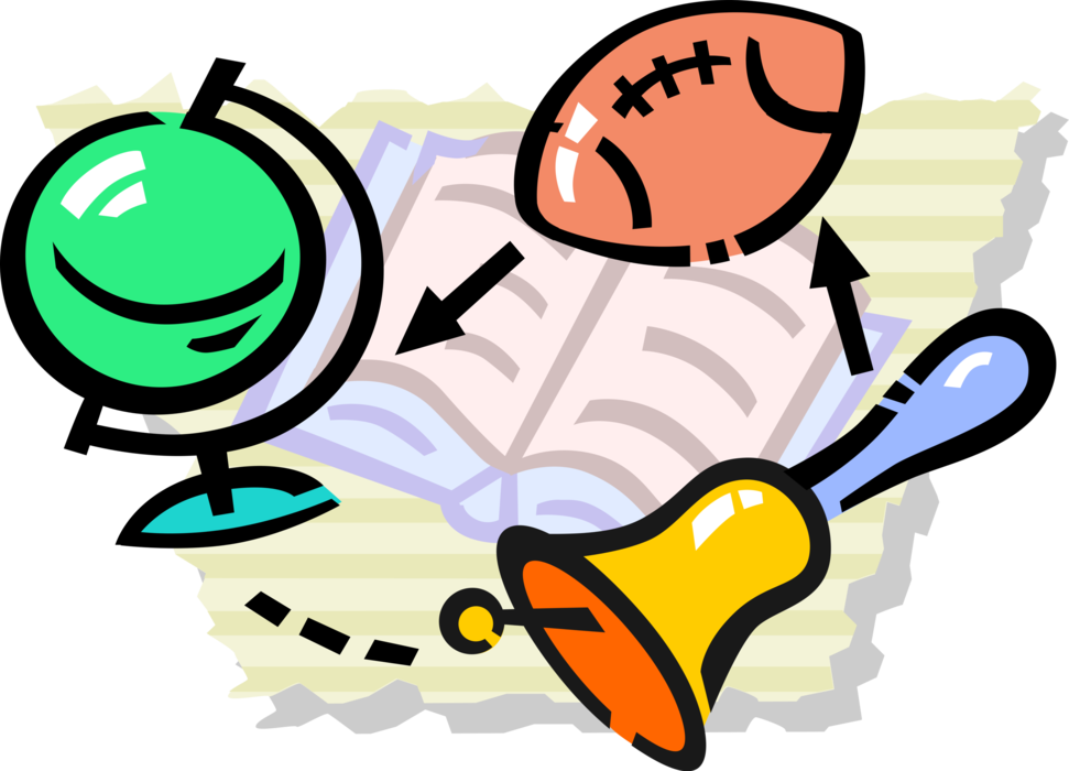 Vector Illustration of School Bell Signals Students It's Time to Go to Class with World Globe, Football Game Ball