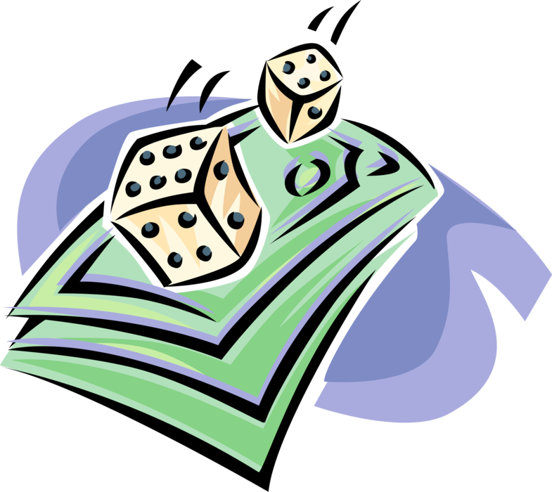 Vector Illustration of Gambling Roll of Dice Determines Risk with Cash Money Dollar Bills