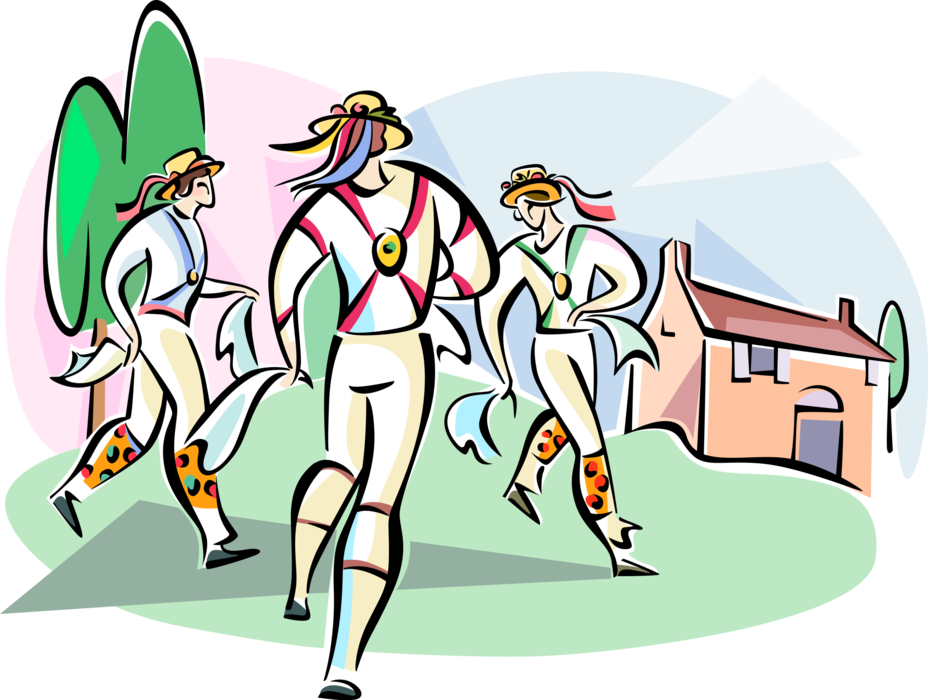 Vector Illustration of English Folk Dance Morris Dancers in Traditional Costumes