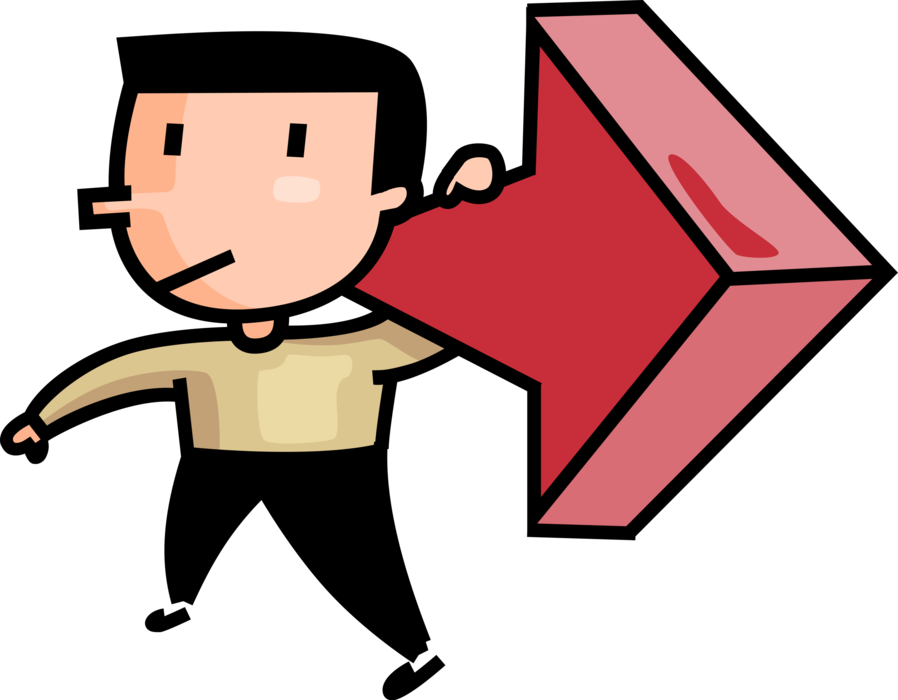 Vector Illustration of Youthful Junior Executive with Infographic Arrow Indicating Course of Action on Direction for Business to Follow