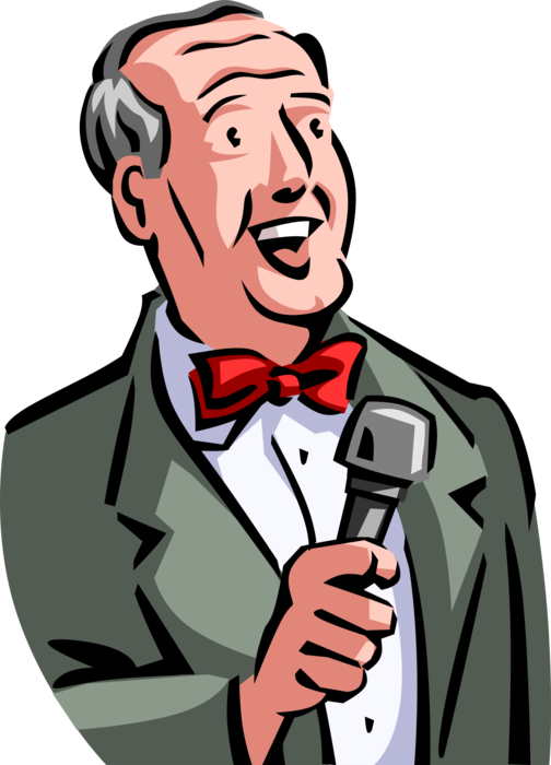 Vector Illustration of Master of Ceremonies Host with Microphone Makes Announcement at Staged Event