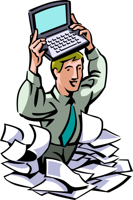 Vector Illustration of Businessman Wades Through Office Paperwork with Personal Computer