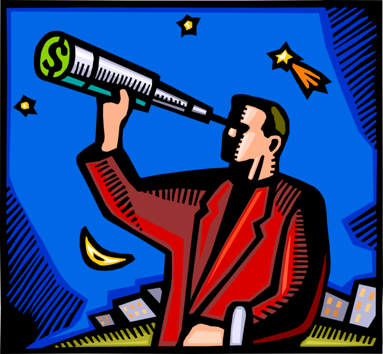 Vector Illustration of Businessman Prognosticator Forecasts Economic Growth with Telescope and Cash Money Dollar Sign