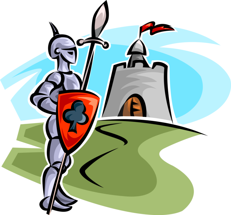Vector Illustration of Medieval Knight in Armor with Spear and Shield at Fortified Castle in Countryside