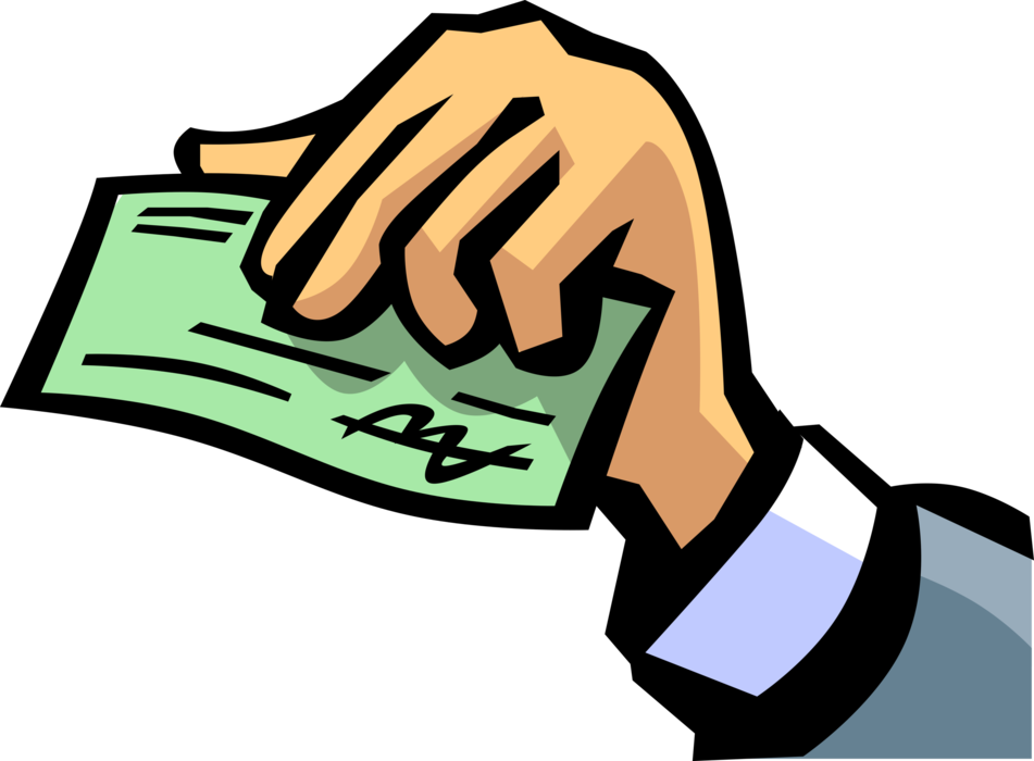 Vector Illustration of Hand Holds Signed Check or Cheque Authorizing Transfer of Money