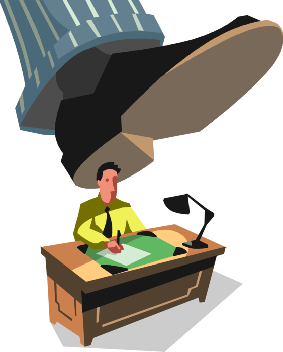 Vector Illustration of Businessman is Made Redundant and is Fired Under Oppressive Boot of Management
