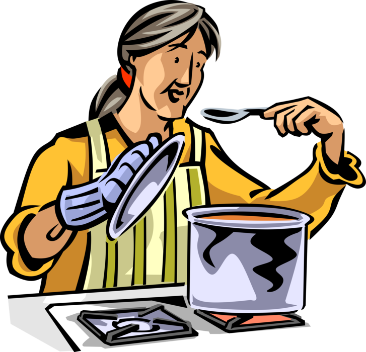 Vector Illustration of Retired Elderly Senior Citizen Culinary Chef Cooks and Tastes Homemade Soup Cooking on Stove