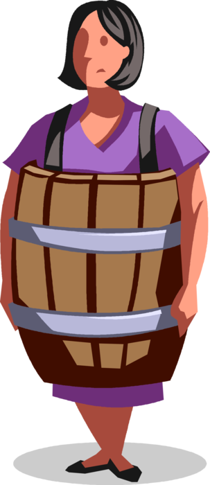 Vector Illustration of Destitute Businesswoman Wears Bankruptcy Barrel Cask Made of Wooden Staves Bound by Hoops