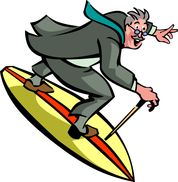 Vector Illustration of Retired Elderly Senior Business Executive with Cane Checks 'Surfing on Surfboard' Off Bucket List