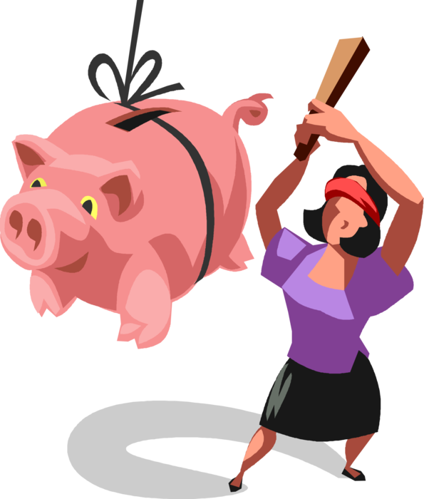Vector Illustration of Blindfolded Businesswoman Swings Wooden Club at Piñata Pinata Piggy Bank to Access Cash Money Savings