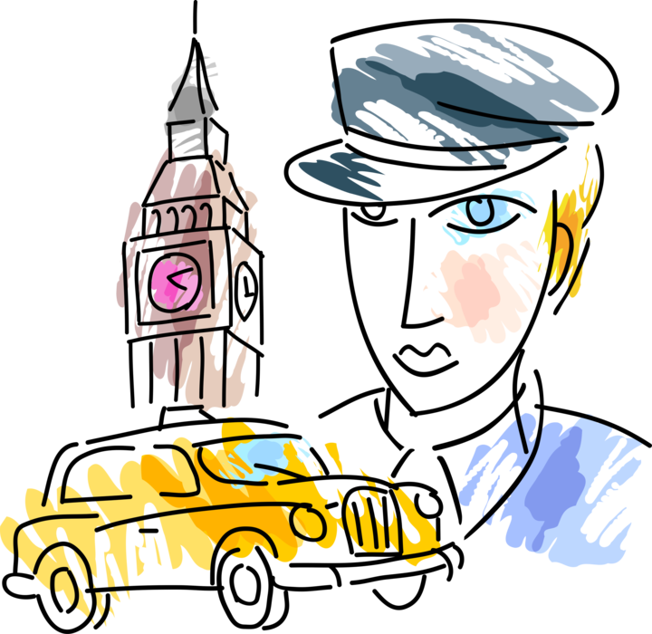 Vector Illustration of English Cabbie Taxi Driver with Taxicab or Cab Vehicle for Hire, Big Ben Clock Tower, London, England