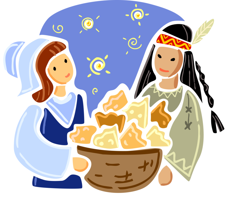 Vector Illustration of North American Indigenous Indian with Pioneer Woman and First Thanksgiving Baked Corn Bread