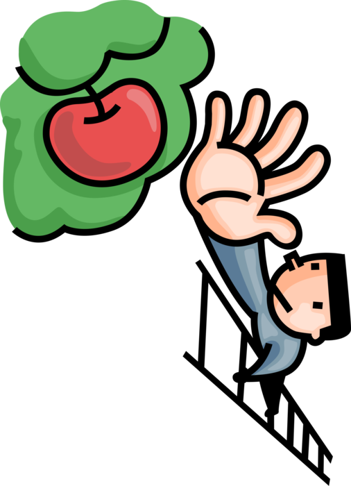 Vector Illustration of Ambitious Young Man Climbs Ladder to Pick Apple Fruit Symbol of Knowledge and Learning from Orchard Tree