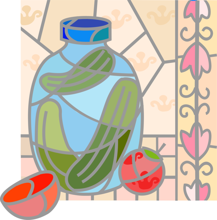 Vector Illustration of Jar of Cucumber Dill Pickles and Sliced Tomato with Floral Ceramic Tiles