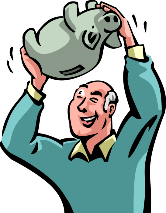 Vector Illustration of Retired Elderly Senior Citizen Shakes Piggy Bank Coin Container used by Children Teaches Thrift and Savings