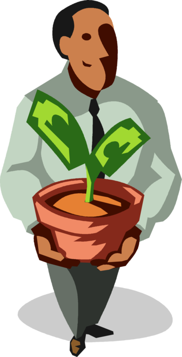 Vector Illustration of Businessman Grows Money Tree with Dollar Cash Potted Plant