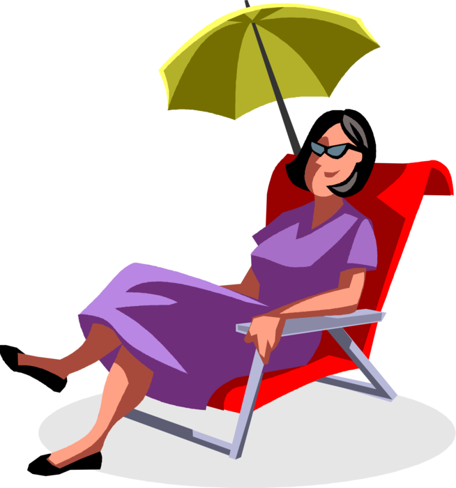 Vector Illustration of Businesswoman Relaxes on Beach Lounge Chair with Shade Umbrella