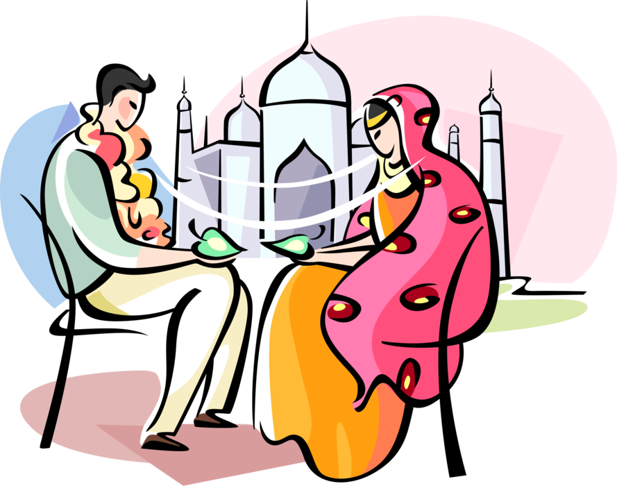 Vector Illustration of Bengali Marriage Bride and Groom Seated on wedding Piris in Traditional Wedding Ceremony, India
